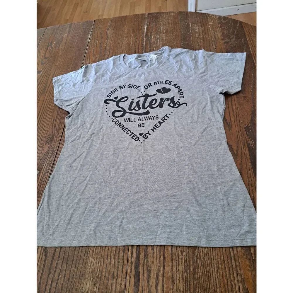 New Sisters Connected by Heart T-Shirt Women XL Gray Port & Co Cotton Blend Tee